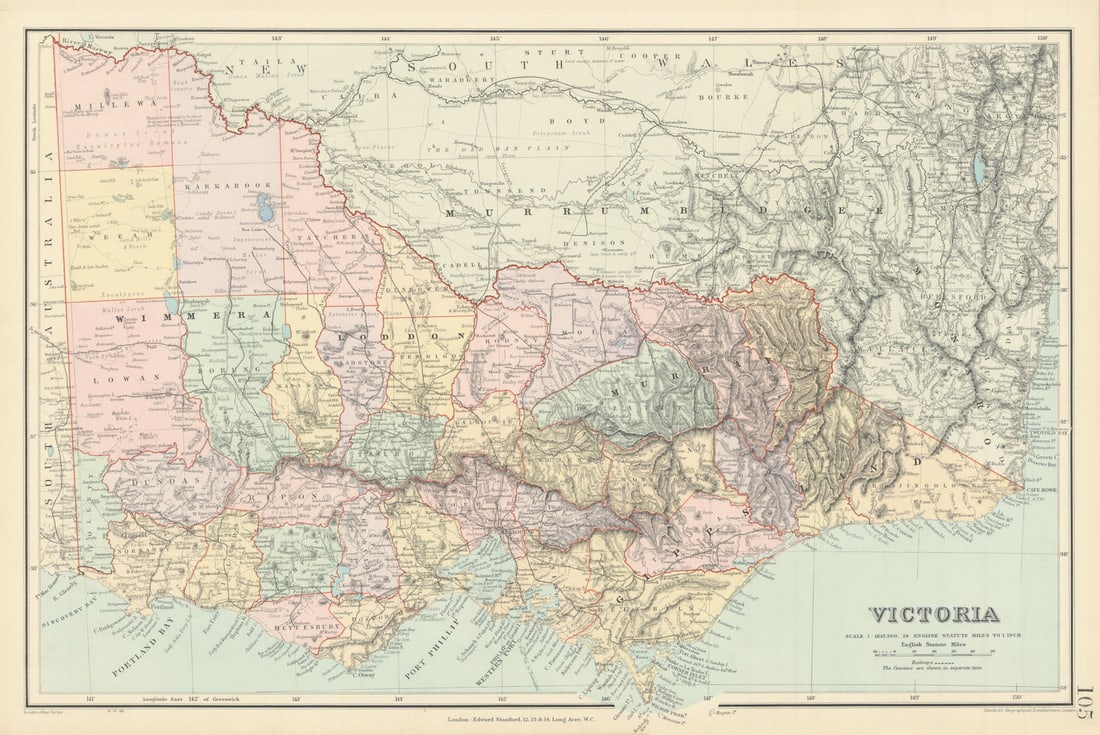 Victoria, Australia. Explorers routes. Landscape observations. STANFORD 1904 map: Victoria'. Stanford's Geographical Establishment. Published 1904. Large (folio) antique atlas map. Size 37 x 55 cm | 14.5 x 21.5 inches. Condition: Good; suitable for framing. The image shown may