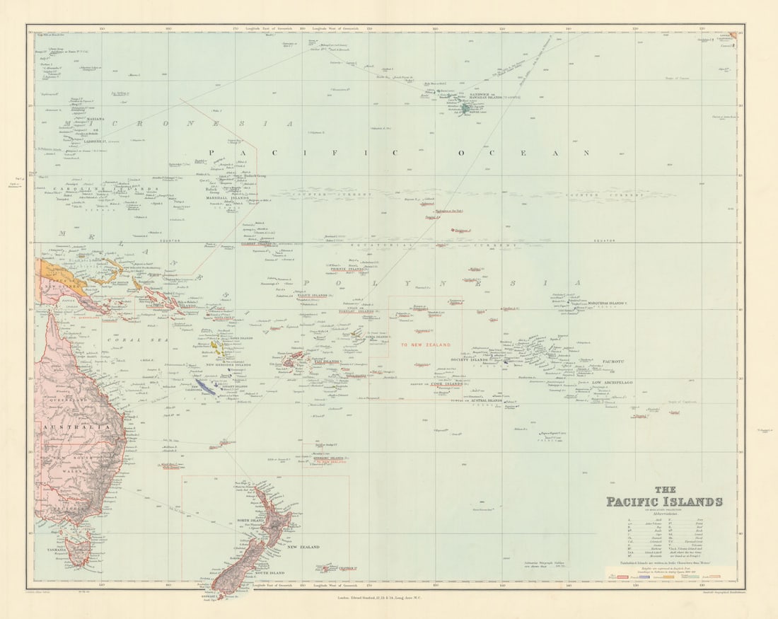 Pacific Islands. Melanesia Polynesia Micronesia. Hawaii. STANFORD 1904 old map: The Pacific Islands on Mercator's Projection'. Stanford's Geographical Establishment. Published 1904. Large (folio) antique atlas map. Size 52 x 65 cm | 20.5 x 25.5 inches. Condition: Good; suitable