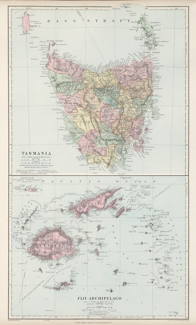 Tasmania & Fiji Archipelago. Vanua Levu. Viti Levu. STANFORD 1904 old map: Tasmania // Fiji Archipelago'. Stanford's Geographical Establishment. Published 1904. Large (folio) antique atlas map. Size 56 x 34 cm | 22.0 x 13.0 inches. Condition: Good; suitable for framing. The