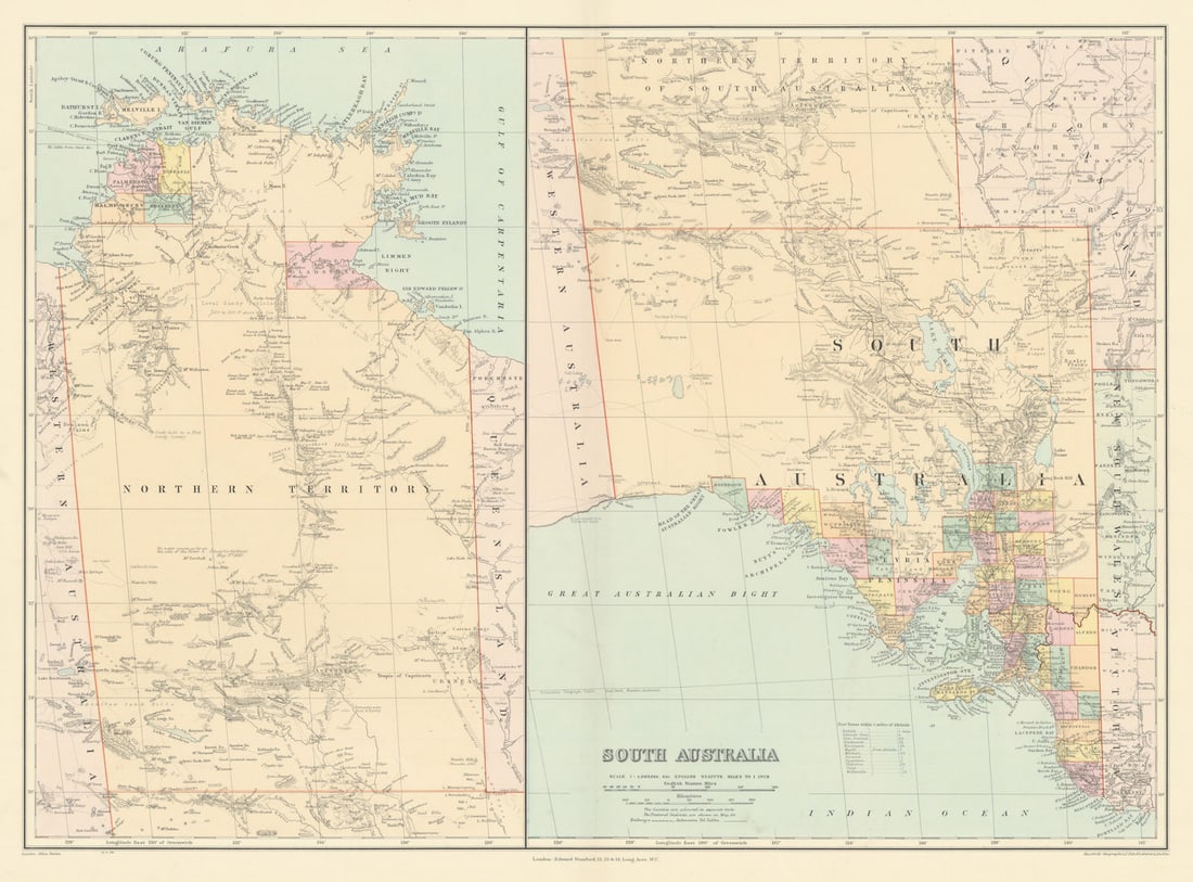 South Australia & Northern Territory. Explorers' routes. Large STANFORD 1904 map: South Australia'. Stanford's Geographical Establishment. Published 1904. Large (folio) antique atlas map. Size 51 x 69 cm | 20.0 x 27.0 inches. Condition: Good; suitable for framing. The image shown m