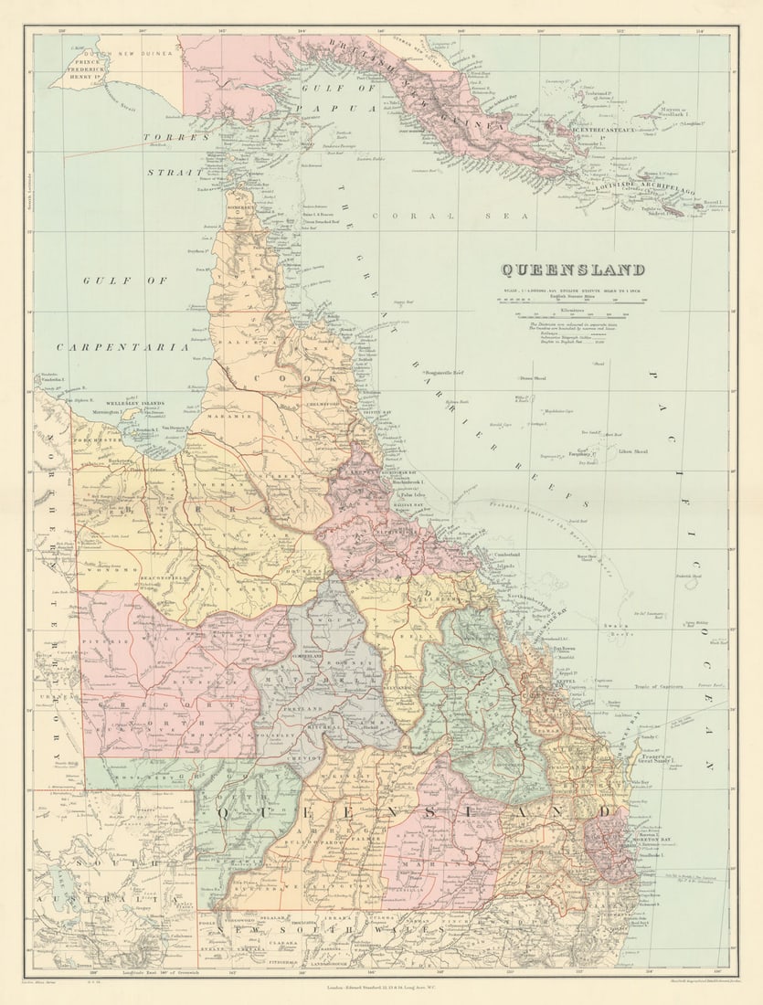 Queensland. British New Guinea. Great Barrier Reef. 68x52cm. STANFORD 1904 map: Queensland'. Stanford's Geographical Establishment. Published 1904. Large (folio) antique atlas map. Size 68 x 52 cm | 27.0 x 20.5 inches. Condition: Good; suitable for framing. The image shown may