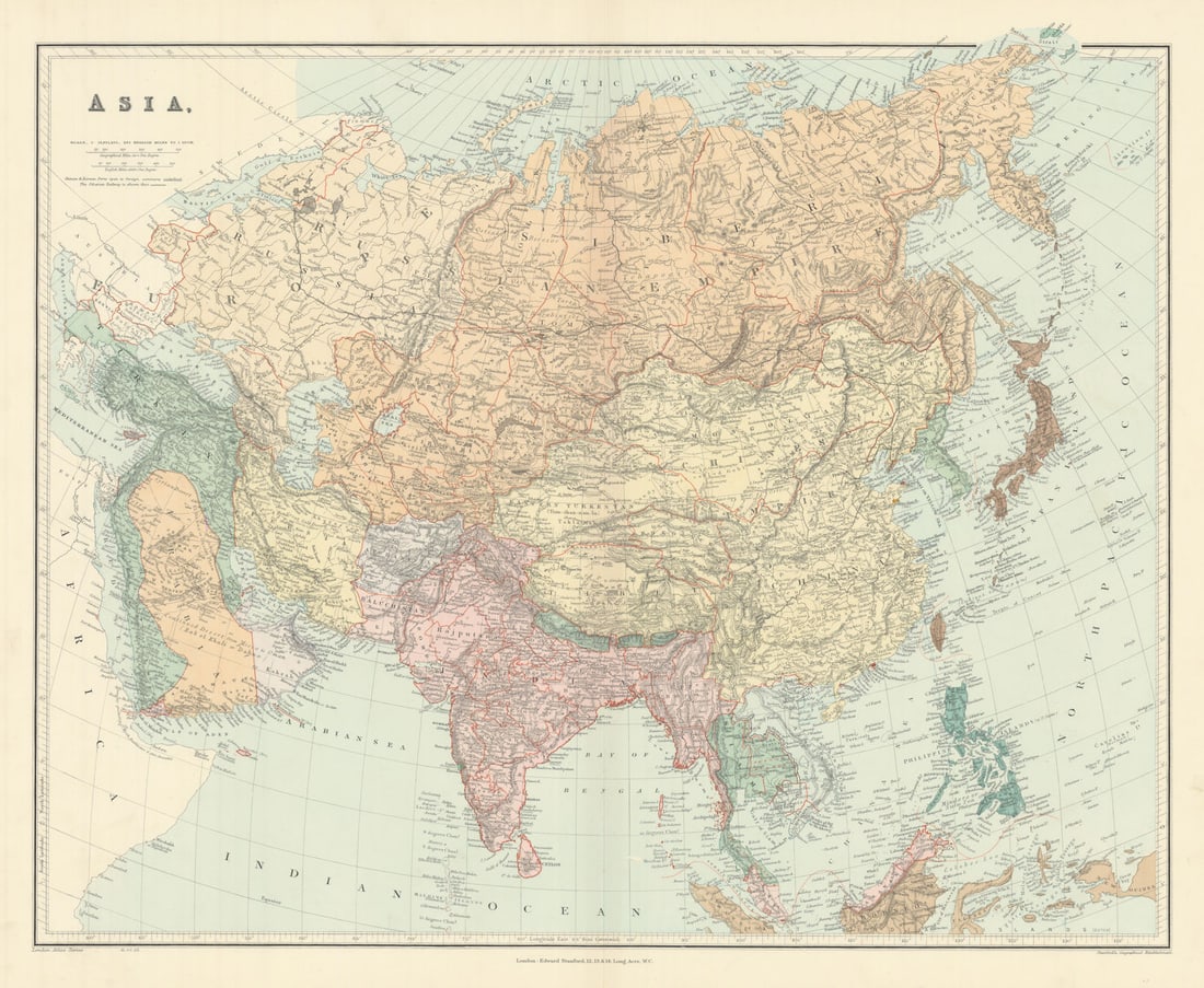 ASIA Japanese Formosa British India Siam Oman Abu Debi (Dhabi) STANFORD 1904 map: Asia'. Stanford's Geographical Establishment. Published 1904. Large (folio) antique atlas map. Size 53 x 64 cm | 20.5 x 25.0 inches. Condition: Fair: Repaired tear in bottom margin, extending c. 10cm 