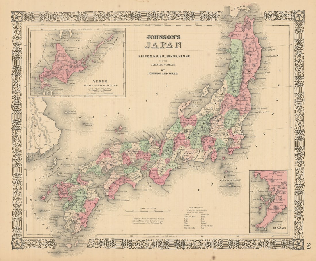 Johnson's Japan, Nippon, Kiusiu, Sikok, Yesso & Kuriles. Nagasaki Bay 1866 map: Johnson's Japan, Nippon, Kiusiu, Sikok, Yesso and the Japanese Kuriles // Yesso and the Japanese Kuriles, Bay of Nagasaki' by Johnson, Alvin Jewett. Published 1866. Large, decorative hand coloured