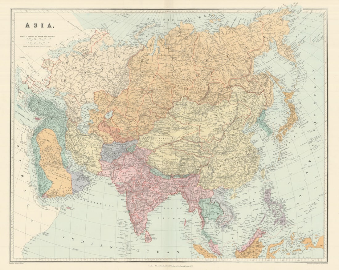 ASIA Japanese Formosa British India Siam Oman Abu Debi (Dhabi) STANFORD 1894 map: Asia'. Stanford's Geographical Establishment. Published 1894. Large (folio) antique atlas map. Size 52 x 65 cm | 20.5 x 25.5 inches. Condition: Good; suitable for framing. The image shown may have