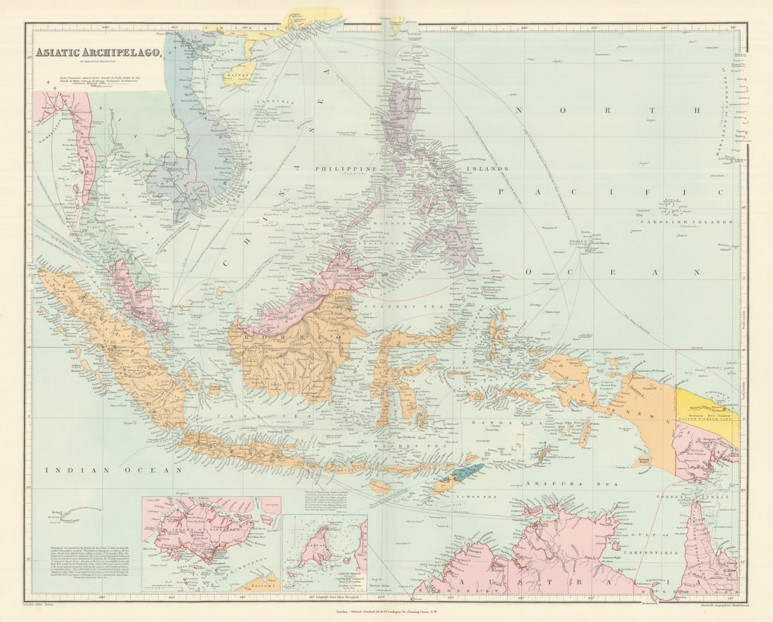 Asiatic Archipelago. Indonesia Philippines Singapore. 53x64cm. STANFORD 1894 map: Asiatic Archipelago, on Mercator's Projection'. Stanford's Geographical Establishment. Published 1894. Large (folio) antique atlas map. Size 52 x 65 cm | 20.5 x 25.5 inches. Condition: Good; suitable