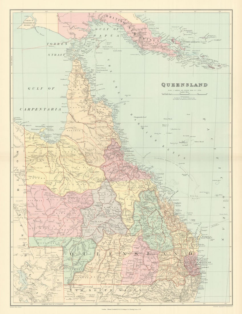 Queensland. British New Guinea. Great Barrier Reef. 68x52cm. STANFORD 1894 map: Queensland'. Stanford's Geographical Establishment. Published 1894. Large (folio) antique atlas map. Size 69 x 53 cm | 27.0 x 20.5 inches. Condition: Good; suitable for framing. The image shown may