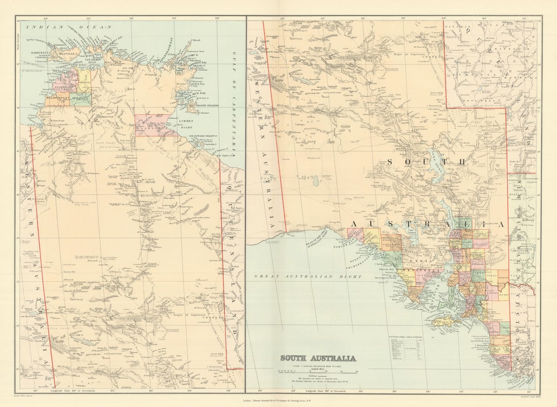 South Australia & Northern Territory. Explorers' routes. Large STANFORD 1894 map: South Australia'. Stanford's Geographical Establishment. Published 1894. Large (folio) antique atlas map. Size 51 x 70 cm | 20.0 x 27.5 inches. Condition: Good; suitable for framing. The image shown