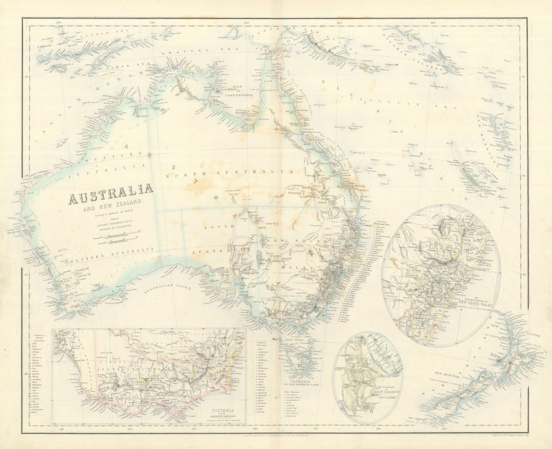 Australia & New Zealand. Victoria. Mount Alexander goldfields. SWANSTON 1860 map: Australia and New Zealand according to Arrowsmith and Mitchell // Victoria and adjoining regions // The Goldfields of Mount Alexander // The principal portions of New South Wales'. Drawn by Augustus