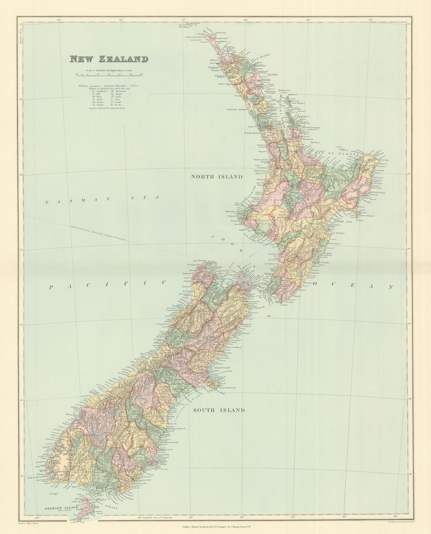 New Zealand. Counties. Railways. Large 64x50cm. STANFORD 1894 old antique map: New Zealand'. Stanford's Geographical Establishment. Published 1894. Large (folio) antique atlas map. Size 63 x 51 cm | 25.0 x 20.0 inches. Condition: Good; suitable for framing. The image shown may