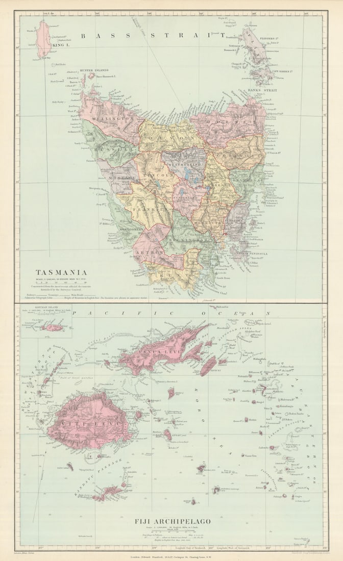 Tasmania & Fiji Archipelago. Vanua Levu. Viti Levu. STANFORD 1894 old map: Tasmania // Fiji Archipelago'. Stanford's Geographical Establishment. Published 1894. Large (folio) antique atlas map. Size 55 x 34 cm | 21.5 x 13.0 inches. Condition: Good; suitable for framing. The