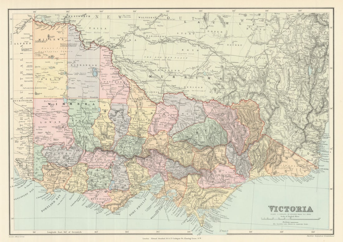 Victoria, Australia. Explorers routes. Landscape observations. STANFORD 1894 map: Victoria'. Stanford's Geographical Establishment. Published 1894. Large (folio) antique atlas map. Size 35 x 50 cm | 14.0 x 19.5 inches. Condition: Good; suitable for framing. The image shown may