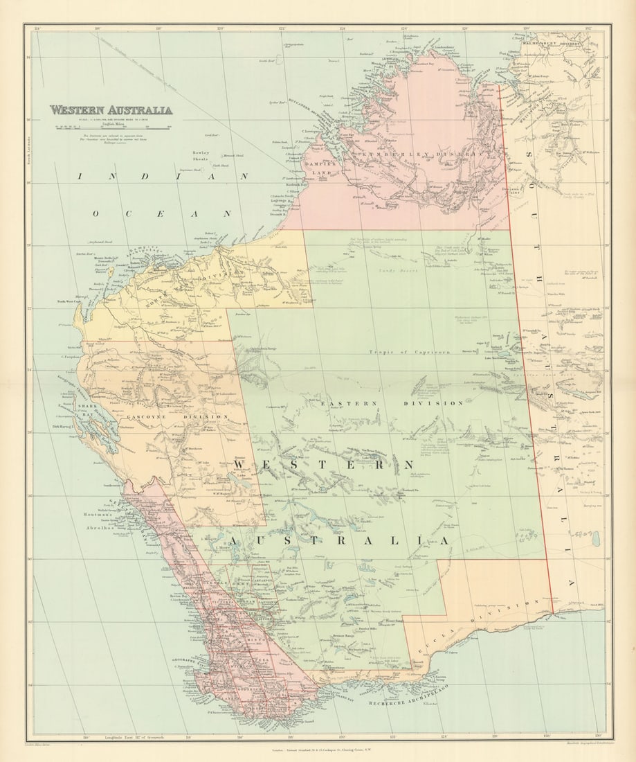 Western Australia. Districts. Explorers' routes. Large 66x55cm STANFORD 1894 map: Western Australia'. Stanford's Geographical Establishment. Published 1894. Large (folio) antique atlas map. Size 66 x 55 cm | 26.0 x 21.5 inches. Condition: Good; suitable for framing. The image