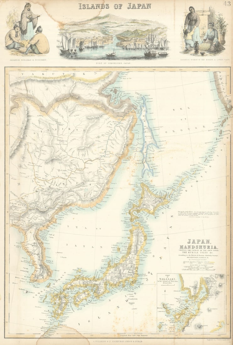 Japan & Mandshuria. Shimonoseki & Nagasaki. Manchuria. SWANSTON 1860 old map: Islands of Japan // Port of Simoneseke, Japan // Japanese nobleman & fishermen // Japanese women of the Higher & lower class // Japan, Mandshuria (showing the course of the Amur River),
