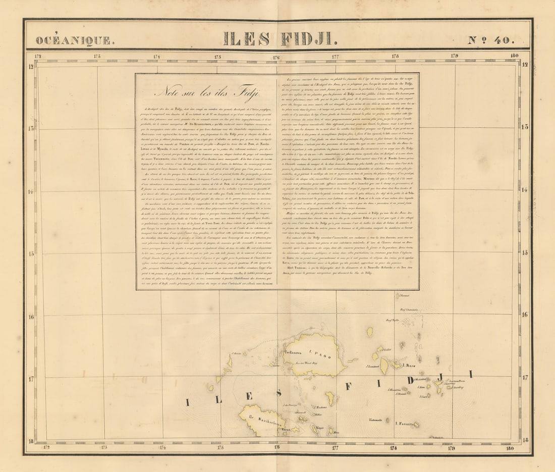 Océanique. Iles Fidji 40 Fiji islands Viti Levu Vanua Levu VANDERMAELEN 1827 map: Océanique - Iles Fidji [Note sur les îles Fidji] - No. 40. Philippe Marie Guillaume Vandermaelen. Lithography by Henri Ode. Published 1827. Antique folio-sized lithographic atlas map, hand c