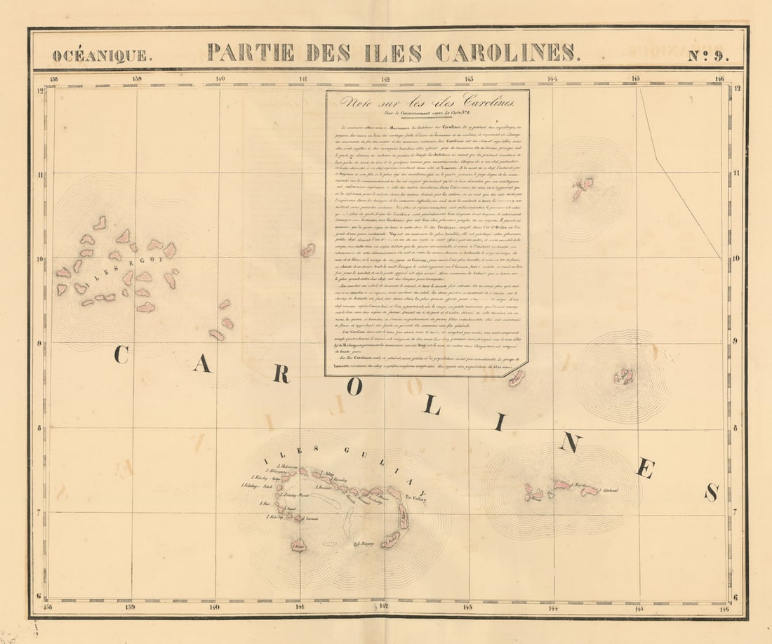 Océanique. Partie des Iles Carolines #9. Yap Micronesia. VANDERMAELEN 1827 map: Océanique - Partie des Iles Carolines [Note sur les îles Carolines] - No. 9. Woleai Atoll and adjacent islands within the Yap archipelago, Caroline Islands, Micronesia . Philippe Marie