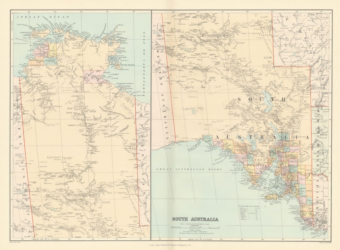 South Australia & Northern Territory. Explorers' routes. Large STANFORD 1896 map: South Australia'. Stanford's Geographical Establishment. Published 1896. Large (folio) antique atlas map. Size 51 x 70 cm | 20.0 x 27.5 inches. Condition: Good; suitable for framing. The image shown