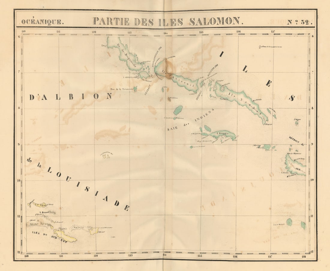 Océanique. Partie des Iles Salomon #32. Solomon Islands. VANDERMAELEN 1827 map: Océanique - Partie des Iles Salomon - No. 32'. The western Solomon Islands and the eastern Louisiade islands . Philippe Marie Guillaume Vandermaelen. Lithography by Henri Ode. Published 1827. Ant