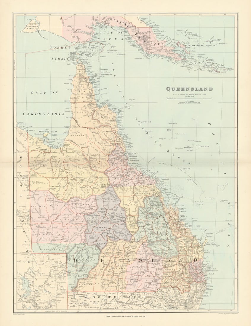 Queensland. British New Guinea. Great Barrier Reef. 68x52cm. STANFORD 1896 map: Queensland'. Stanford's Geographical Establishment. Published 1896. Large (folio) antique atlas map. Size 69 x 53 cm | 27.0 x 20.5 inches. Condition: Good; suitable for framing. The image shown may ha