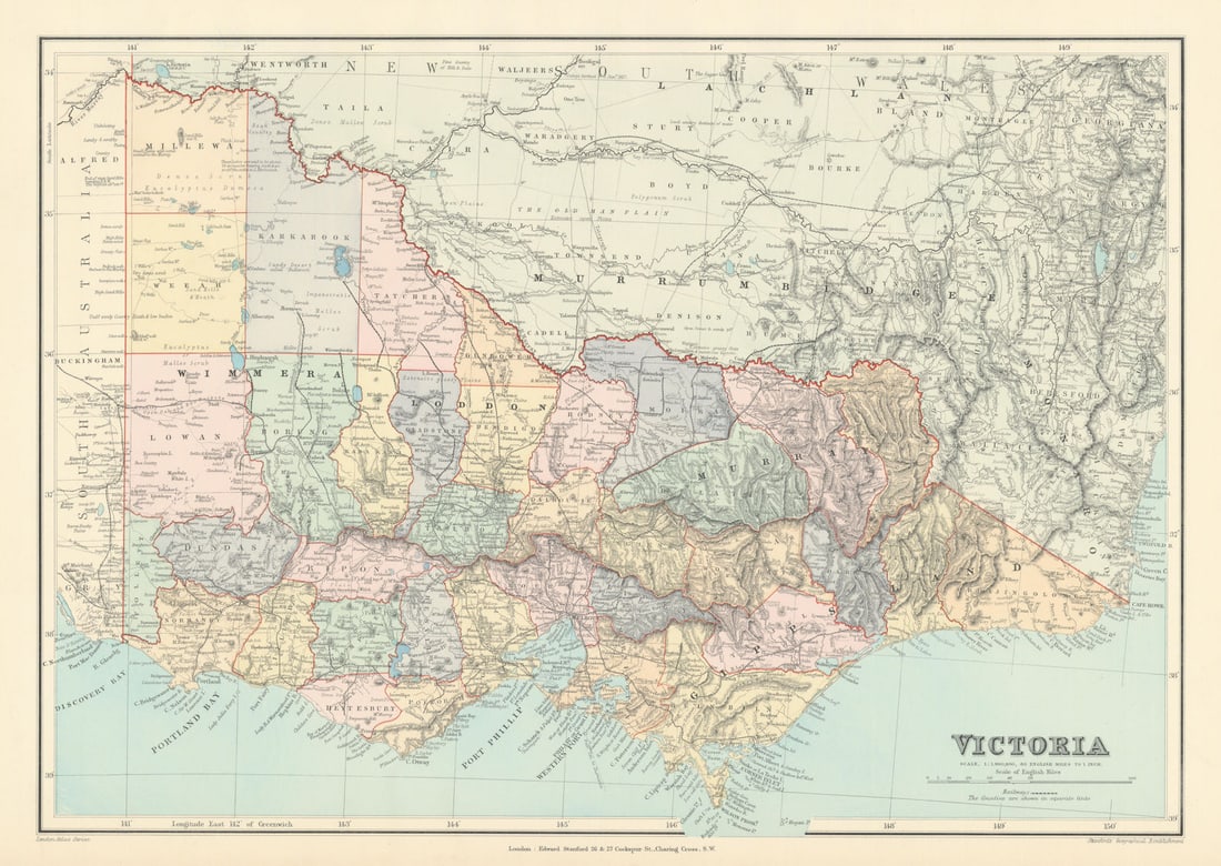 Victoria, Australia. Explorers routes. Landscape observations. STANFORD 1896 map: Victoria'. Stanford's Geographical Establishment. Published 1896. Large (folio) antique atlas map. Size 35 x 50 cm | 14.0 x 19.5 inches. Condition: Good; suitable for framing. The image shown may