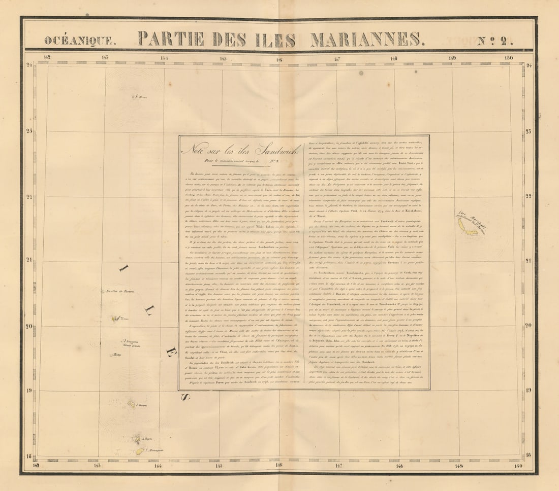 Océanique. Partie… Iles Mariannes #2 North Mariana Islands VANDERMAELEN 1827 map: Océanique - Partie des Iles Mariannes [Note sur les îles Sandwich] - No. 2. The northern Mariana Islands, from Alamagan northwards . Philippe Marie Guillaume Vandermaelen. Lithography by