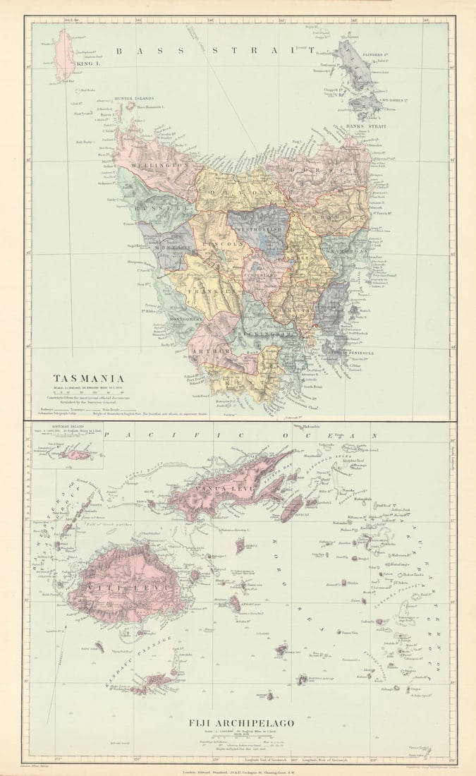 Tasmania & Fiji Archipelago. Vanua Levu. Viti Levu. STANFORD 1896 old map: Tasmania // Fiji Archipelago'. Stanford's Geographical Establishment. Published 1896. Large (folio) antique atlas map. Size 55 x 34 cm | 21.5 x 13.0 inches. Condition: Good; suitable for framing. The