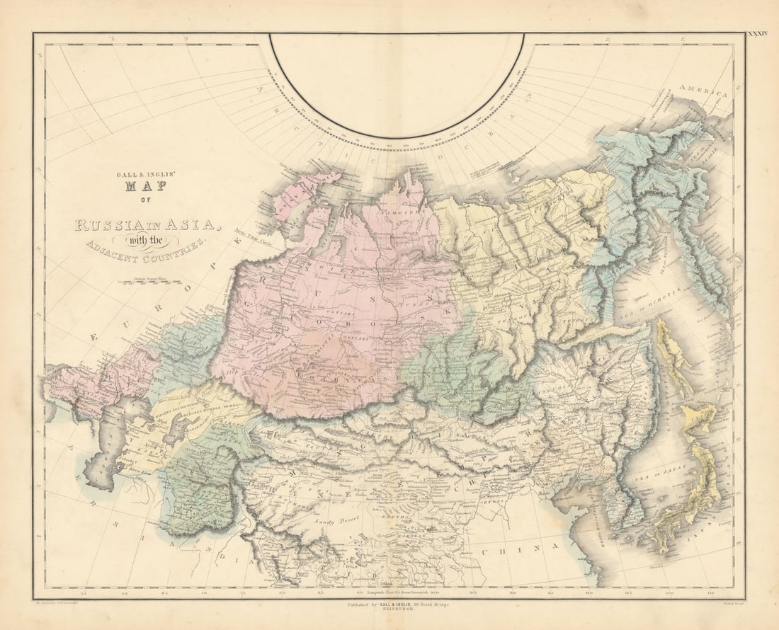 Gall & Inglis' Map of Russia in Asia & adjacent countries. Manchuria Japan 1850: Gall & Inglis' Map of Russia in Asia with the adjacent countries' by Gall, James & Inglis, Robert. Published 1850. Antique folio atlas map wth original hand colour. Size 51 x 59 cm | 20.0 x 23.0 i