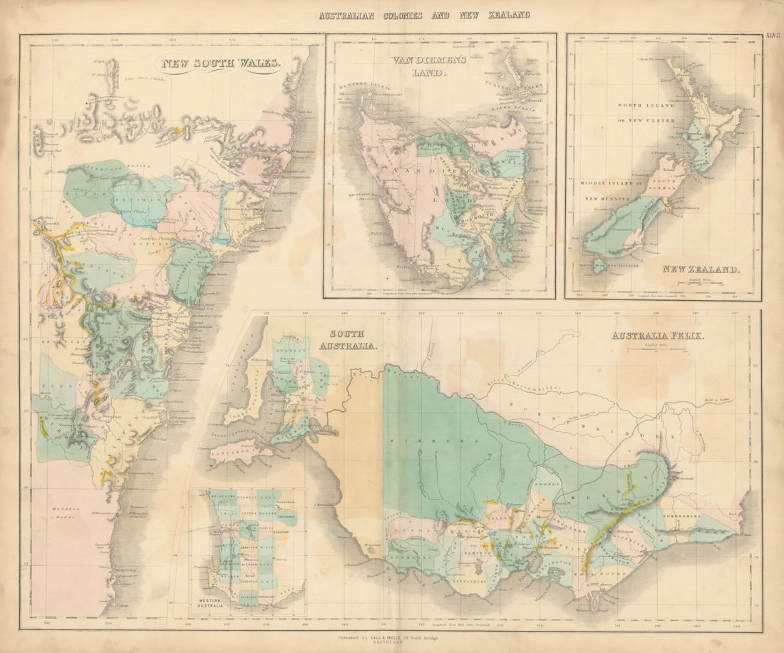 Australian Colonies & New Zealand. N/S Durham provinces. Goldfields 1850 map: Australian Colonies and New Zealand // New South Wales // Van Dieman's Land // South Australia // Australia Felix'. Rarely found on maps of New Zealand, the lower half of North Island is referred to