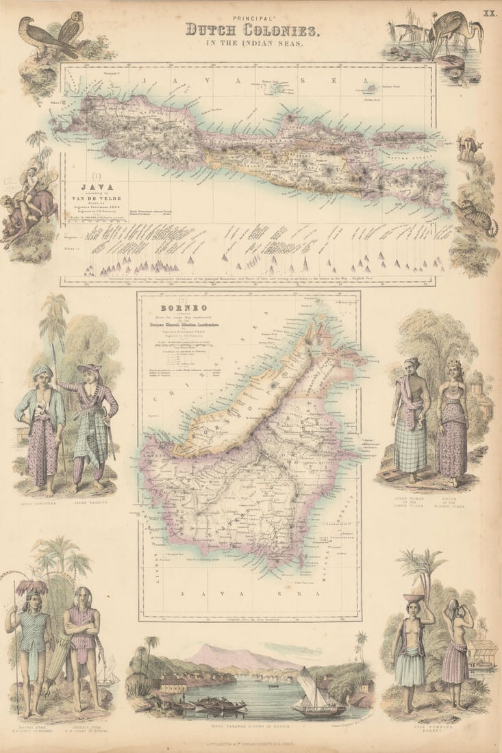 Principal Dutch Colonies in the Indian Seas. Java & Borneo. Indonesia c1863 map: Principal Dutch Colonies in the Indian Seas. 1. Java According to Va de Velde. 2. Borneo'. From an undated atlas for which the internal evidence of publication date is inconsistent: the maps appear
