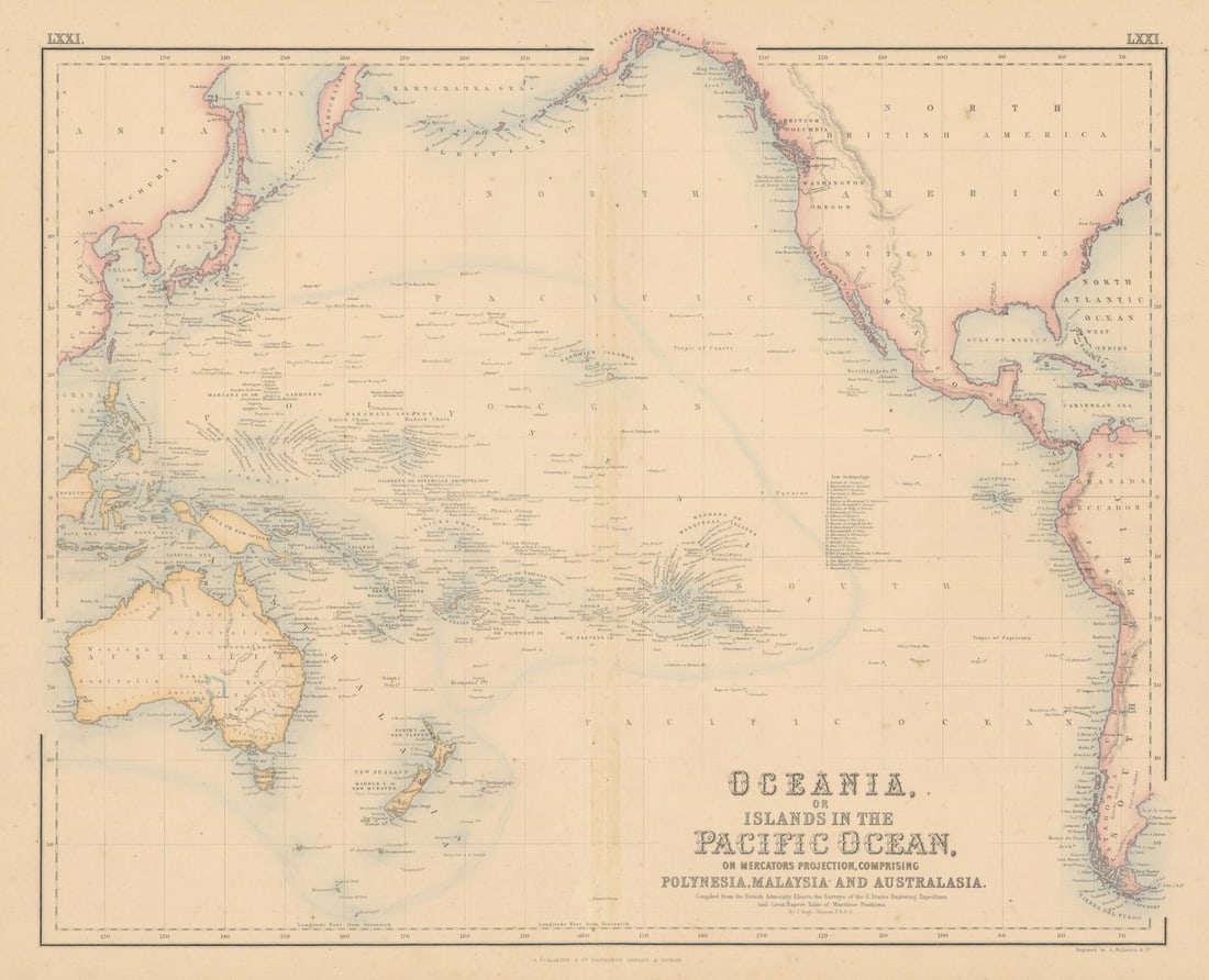 Oceania or Islands in the Pacific Ocean. Polynesia Melanesia FULLARTON c1863 map: Oceania or Islands in the Pacific Ocean, on Mercatorâ€™s Projection, Comprising Polynesia, Malaysia and Australasia Compiled from the British Admiralty Charts, the Survey of the