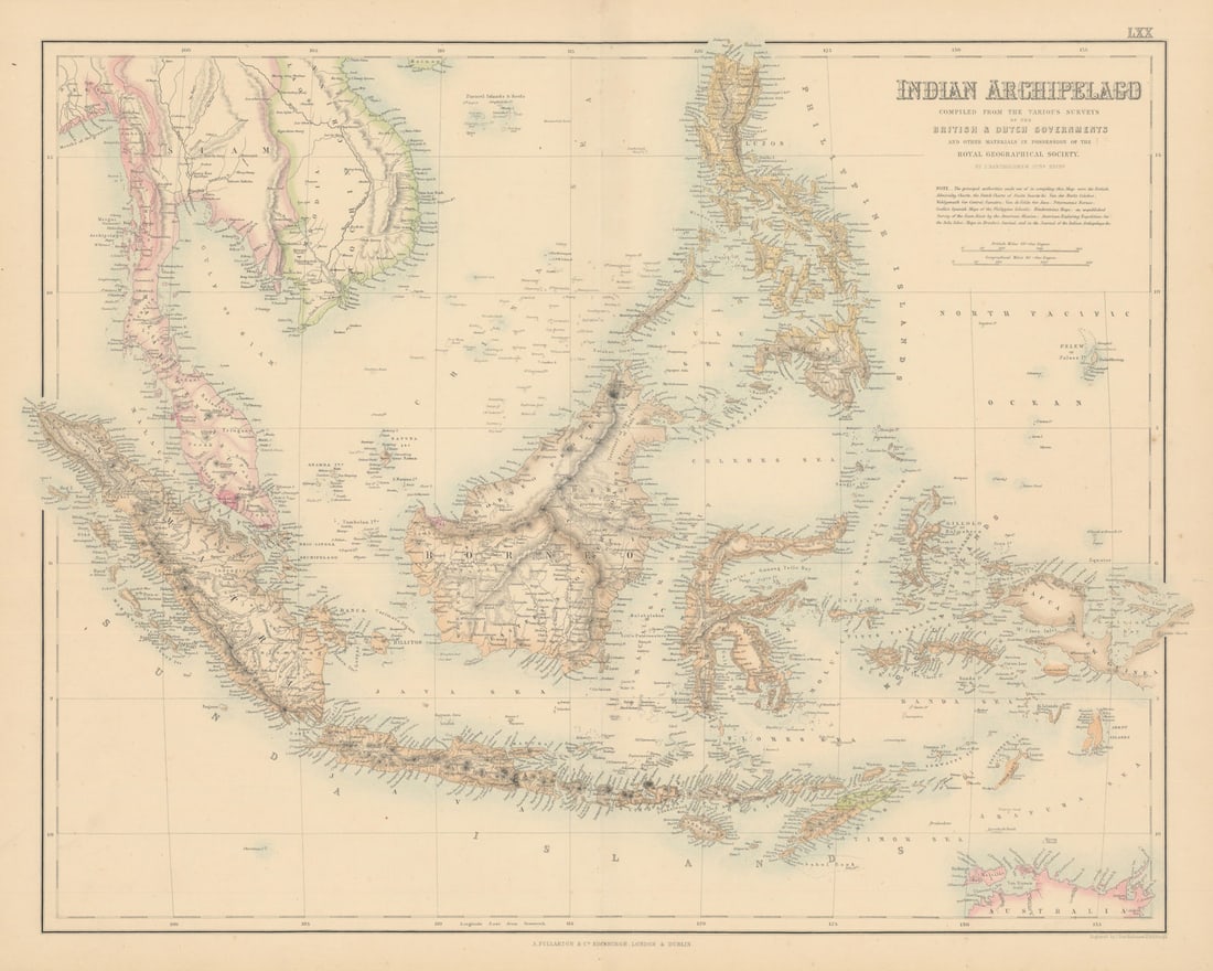 Indian Archipelago. East Indies Indonesia Philippines Malaya FULLARTON c1863 map: Indian Archipelago Compiled from the Various Surveys of the British & Dutch Governments and Other Material in Possession of the Royal Geographical Society'. From an undated atlas for which the