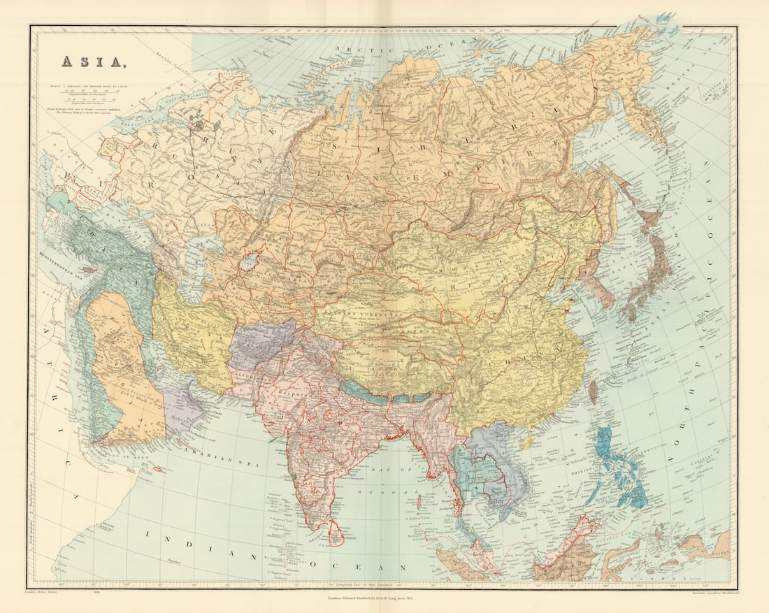 ASIA Japanese Formosa British India Siam Oman Abu Debi (Dhabi) STANFORD 1904 map: Asia'. Stanford's Geographical Establishment. Published 1904. Large (folio) antique atlas map. Size 53 x 64 cm | 20.5 x 25.0 inches. Condition: Good; suitable for framing. The image shown may have
