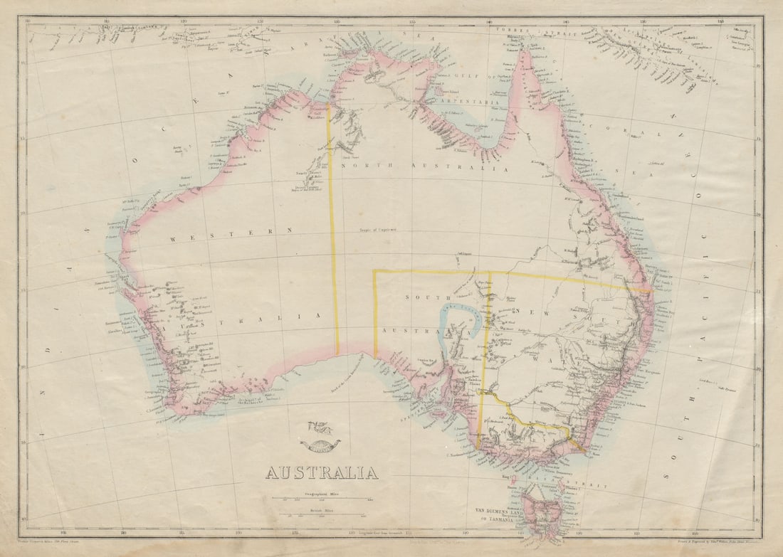 AUSTRALIA showing 1856 states pre-Queensland 'North Australia'. WELLER 1862 map: Australia'. Drawn & Engraved by Edwd. Weller. Published 1862. Antique map with original outline colour. Size 31 x 44 cm | 12.0 x 17.0 inches. Condition: Fair: Creased; Damp stain along bottom edge. Mi