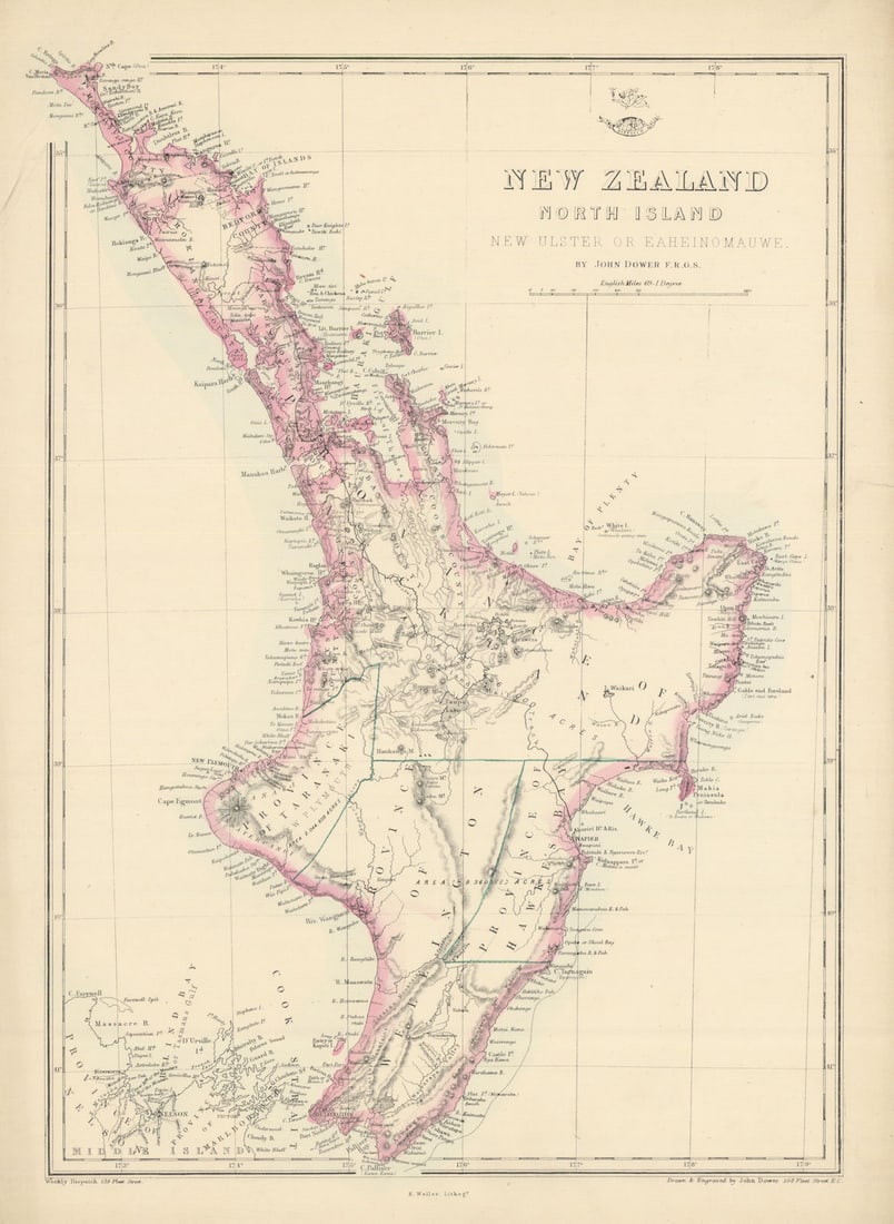 New Zealand North Island. New Ulster or Eaheinomauwe' provinces DOWER 1863 map: New Zealand North Island New Ulster or Eaheinomauwe'. Drawn & Engraved by John Dower. Published 1863. Antique map with original outline colour. Size 45 x 33 cm | 17.5 x 13.0 inches. Condition: Good;