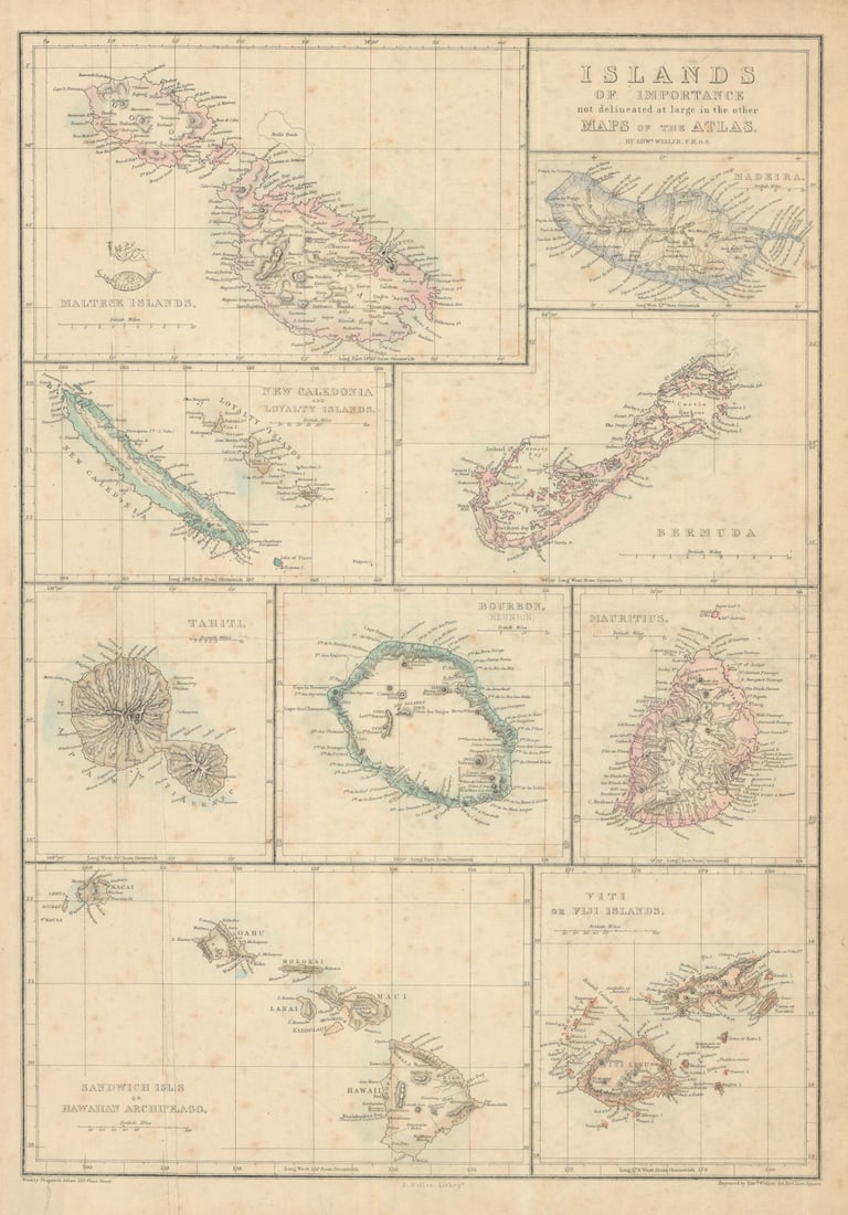 ISLANDS. Malta Madeira Bermuda Reunion Hawaii Tahiti Mauritius. WELLER 1862 map: Islands of Importance not delineated at large in the other Maps of the Atlas; Maltese Islands; Madeira; New Caledonia and Loyalty Islands; Bermuda; Tahiti; Bourbon. (Reunion); Mauritius; Sandwich