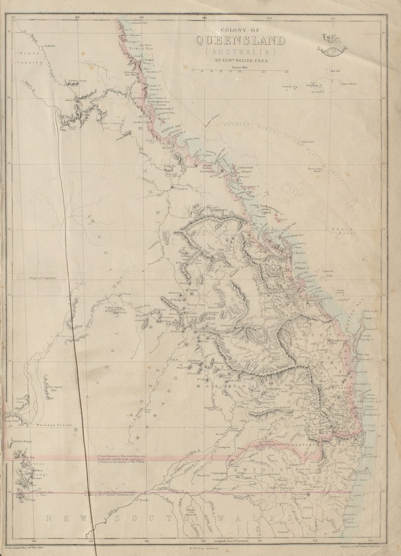 COLONY OF QUEENSLAND (AUSTRALIA)'. Current & 1850 NSW border. WELLER 1862 map: Colony of Queensland (Australia)'. The map indicates the "Present boundary of New South Wales and Queensland, adopted on the suggestion of Sir W Denison, late Governor of New South Wales", and the