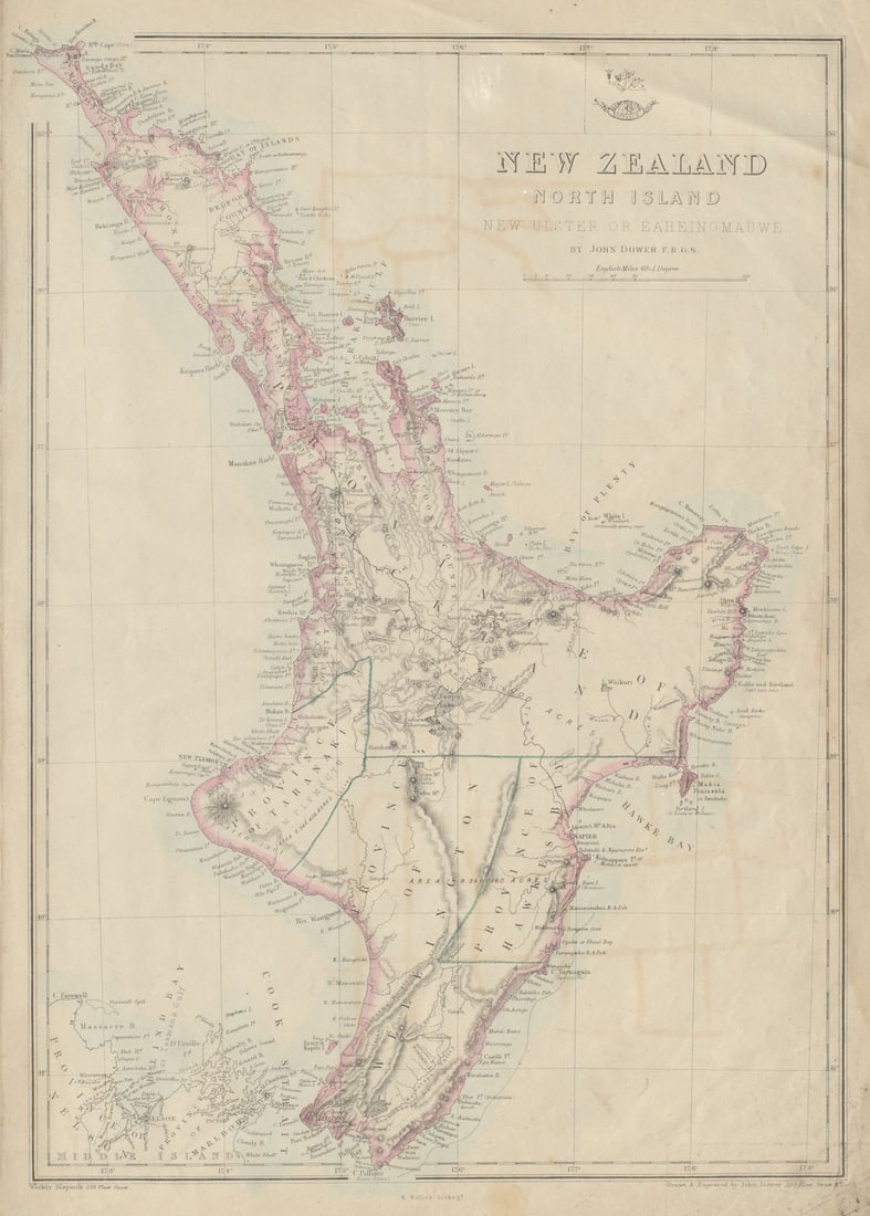 New Zealand North Island. New Ulster or Eaheinomauwe' provinces DOWER 1862 map: New Zealand North Island New Ulster or Eaheinomauwe'. Drawn & Engraved by John Dower. Published 1862. Antique map with original outline colour. Size 45 x 33 cm | 17.5 x 13.0 inches. Condition: Fair: