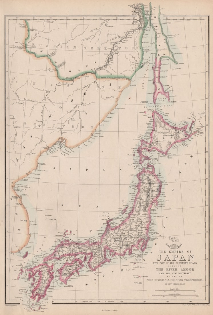 EMPIRE OF JAPAN w/ Sakhalin.River Amur.1858 Russia/China border.WELLER 1863 map: The Empire of Japan with part of the Continent of Asia showing The River Amoor and the New Boundary between The Russian & Chinese Territories'. The map shows the Island of Sakhalin (Saghalien)