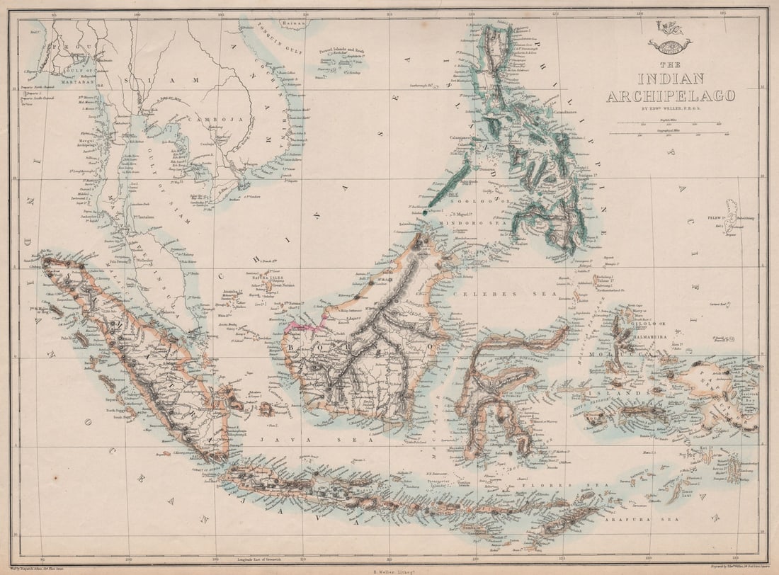 INDIAN ARCHIPELAGO. East Indies Sarawak Kingdom Philippines. WELLER 1863 map: The Indian Archipelago'. The map shows the Kingdom of Sarawak, a state in Borneo established by Sir James Brooke in 1841 by receiving independent kingdom status from the Sultanate of Brunei as a