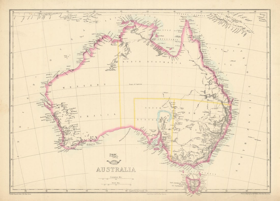 AUSTRALIA showing 1856 states pre-Queensland 'North Australia'. WELLER 1863 map: Australia'. Drawn & Engraved by Edwd. Weller. Published 1863. Antique map with original outline colour. Size 31 x 44 cm | 12.0 x 17.0 inches. Condition: Good; suitable for framing. The image shown may
