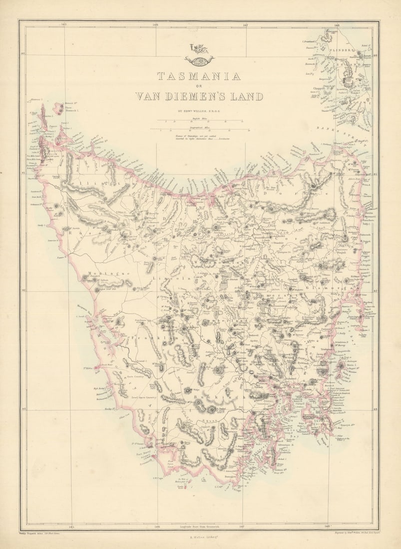 TASMANIA OR VAN DIEMEN'S LAND. Shows townships not yet settled. WELLER 1863 map: Tasmania or Van Diemen's Land'. Engraved by Edwd. Weller. Published 1863. Antique map with original outline colour. Size 45 x 32 cm | 17.5 x 12.5 inches. Condition: Good; suitable for framing. The