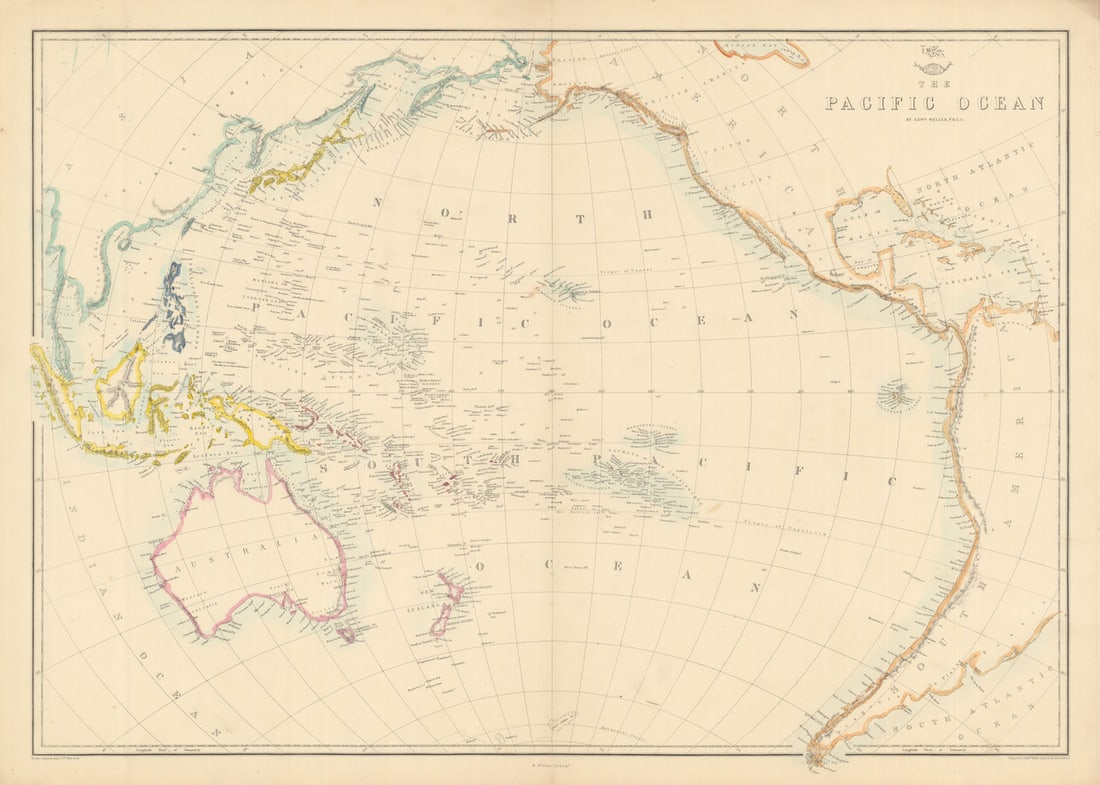 PACIFIC OCEAN Sandwich Islands/Hawaii Australia New Zealand &c. WELLER 1863 map: The Pacific Ocean'. Engraved by Edwd. Weller. Published 1863. Antique map with original outline colour. Size 47 x 65 cm | 18.5 x 25.5 inches. Condition: Good; suitable for framing. The image shown