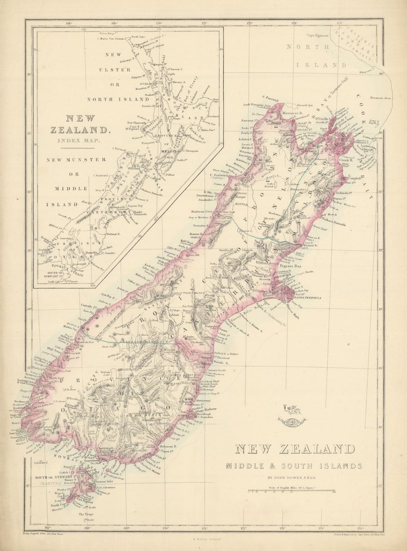 New Zealand Middle & South Islands'. Shows 1859 provinces. DOWER 1863 old map: New Zealand Middle & South Islands; Inset map of New Zealand'. Drawn & Engraved by John Dower. Published 1863. Antique map with original outline colour. Size 44 x 33 cm | 17.5 x 13.0 inches.