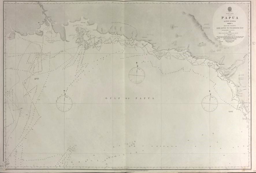 British New Guinea South Coast. Deception Bay. Admiralty sea chart 1880 map: Papua or New Guinea Sheet 4 South Coast - Aird River to Freshwater Bay'. Surveyed by Lieut. CB Yule. Additions from the Rev J Chalmers of the London Missionary Society. Published Surveyed 1846;