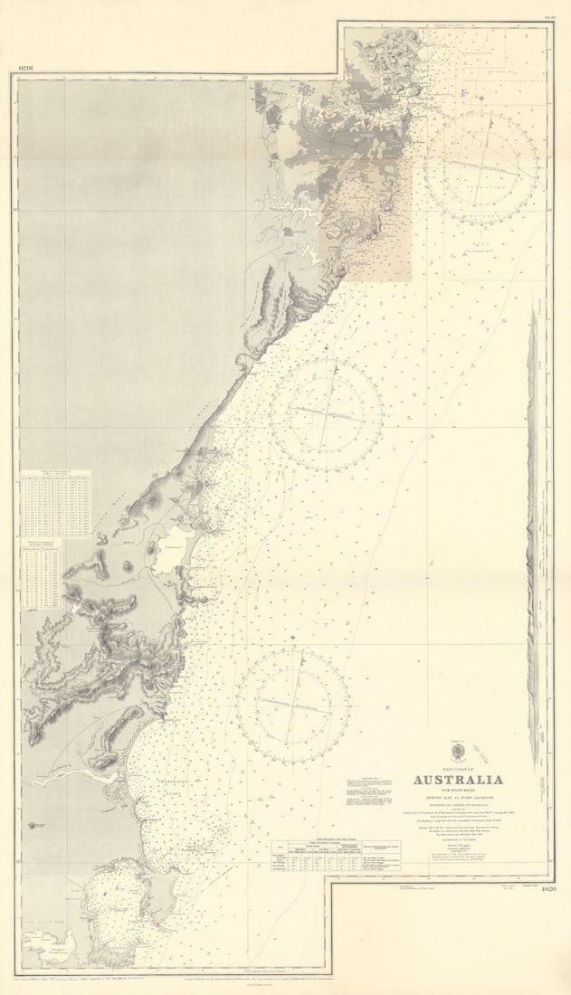 New South Wales coast. Jervis Bay to Sydney. ADMIRALTY sea chart 1869 (1955) map: East Coast of Australia - New South Wales - Jervis Bay to Port Jackson'. Surveyed by Captain F.W. Sidney, R.N., assisted by Navg. Lieut. J.T. Gowlland, Navg. Sub-Lieut. J.G. Boulton, R.N., and Navg.