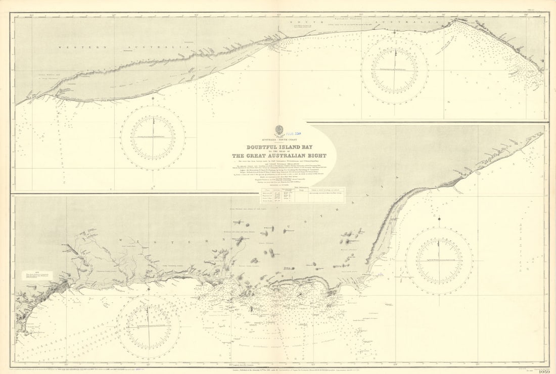 Great Australian Bight Goldfields-Esperance ADMIRALTY chart 1881 (1954) map: Australia - South Coast - Doubtful Island Bay to the head of The Great Australian Bight'. The coast line from surveys made by Staff Commanders W.E. Archdeacon and F. Howard, Royal Navy and Colonial