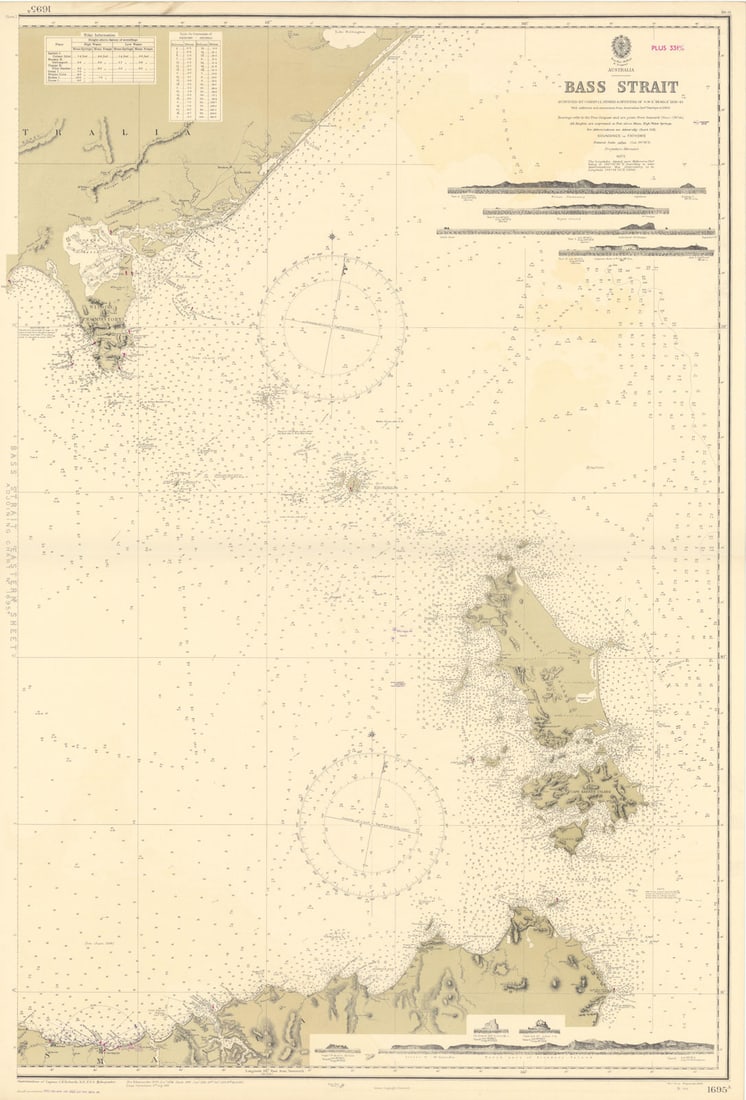 Bass Strait Australia Tasmania Victoria Flinders ADMIRALTY chart 1868 (1954) map: Australia - Bass Strait'. Surveyed by Commr. J.L. Stokes & Officers, of H.M.S. "Beagle" 1839-1843 with additions and corrections from Australian Govt. Surveys to 1950. Published 1868 (1954) -