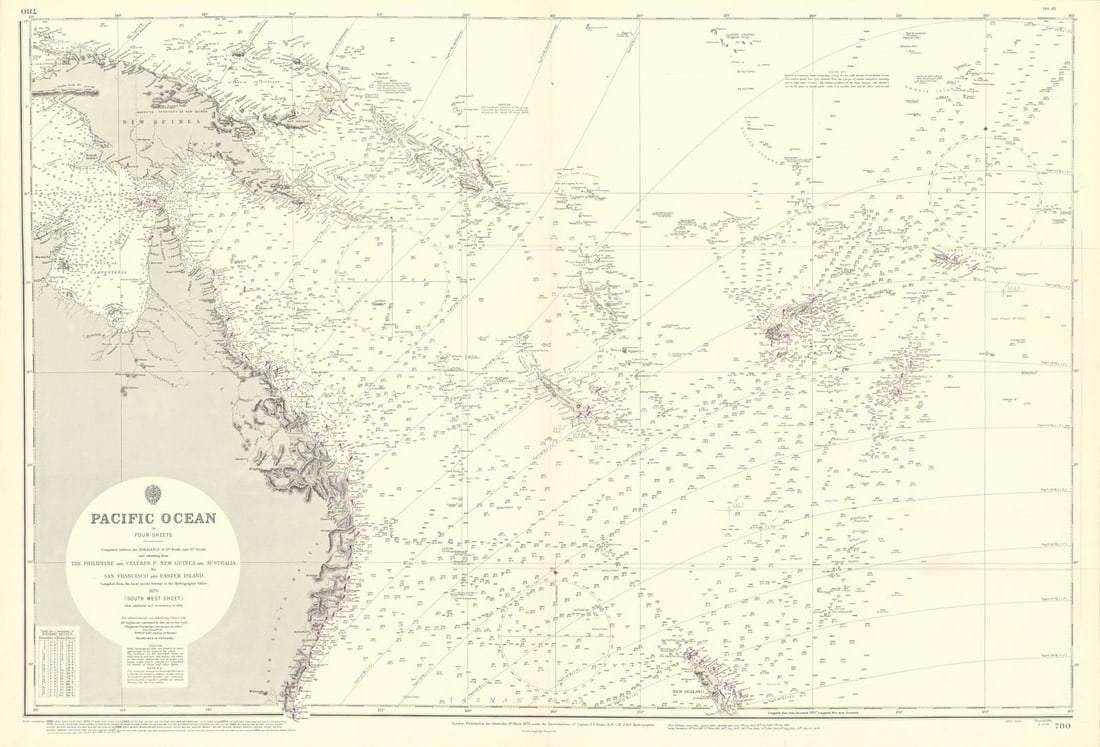 South west Pacific Ocean Melanesia Polynesia ADMIRALTY sea chart 1875 (1968) map: Pacific Ocean in four sheets comprised between the parallels of 37˚ North and 37˚ South and extending from the Philippine and Celebes Is., New Guinea and Australia to San Francisco and