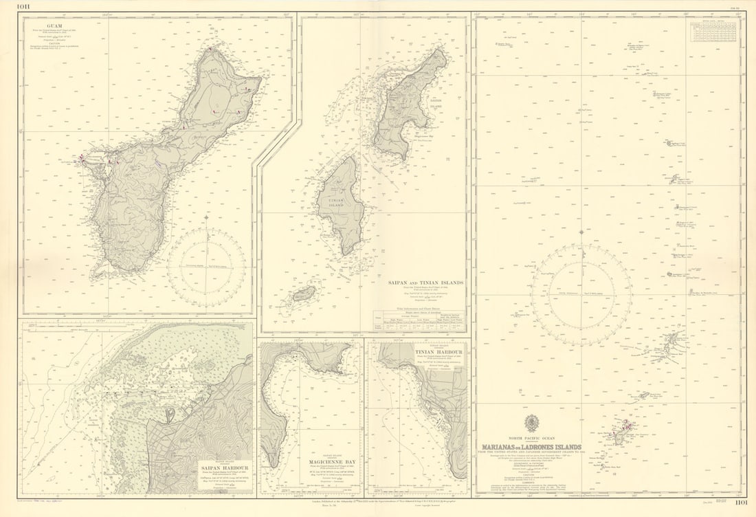 Mariana Islands. Guam Saipan Tinian. ADMIRALTY sea chart 1953 (1955) old map: North Pacific Ocean - Marianas or Ladrones Islands // Guam // Saipan and Tinian Islands // Saipan Island - Saipan Harbour // Saipan Island - Magicienne Bay // Tinian Island - Tinian Harbour'. From the