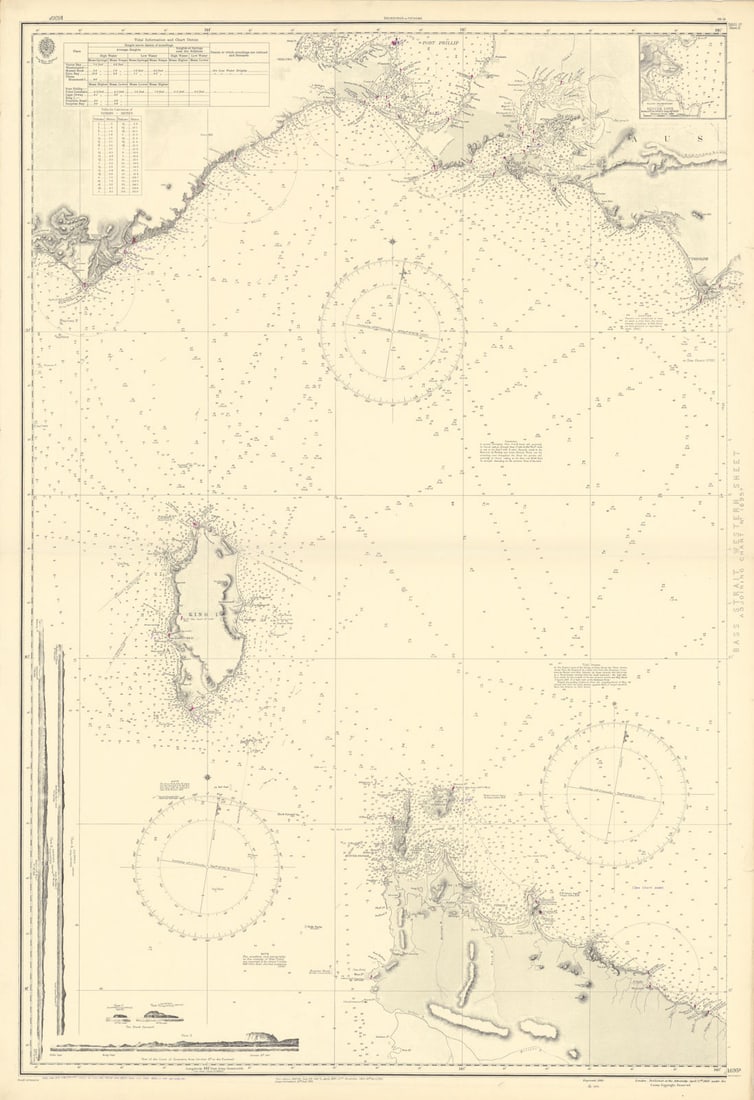 Bass Strait West. King Island. Australia. ADMIRALTY sea chart 1868 (1954) map: Bass Strait Western Sheet - Adjoining chart No. 1695A // Wilson Promontory - Refuge Cove'. Surveyed by Commr. J.L. Stokes & Officers, of H.M.S. "Beagle" 1839-1843 with additions and corrections from