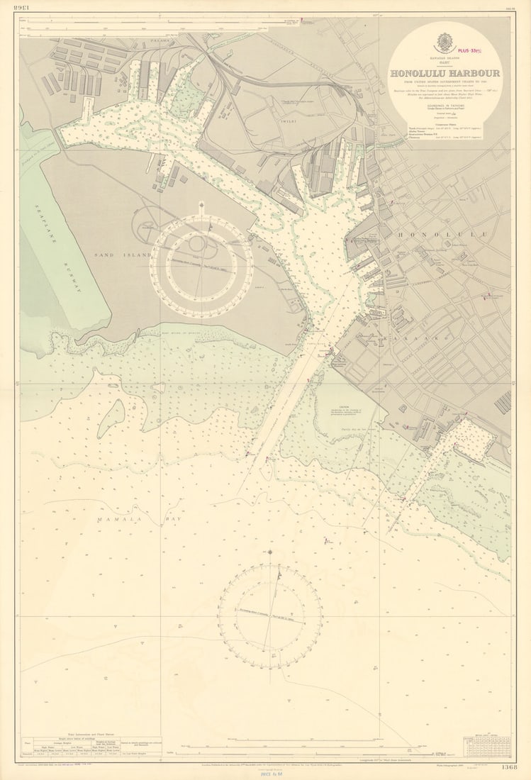 Honolulu Harbour, Oahu, Hawaiian Islands. ADMIRALTY sea chart 1950 (1956) map: Hawaiian Islands - Oahu - Honolulu Harbour'. From United States Government charts to 1949. Details in hairline enlarged from a smaller scale chart. Published Surveyed to 1949. Published 1950. Correcti